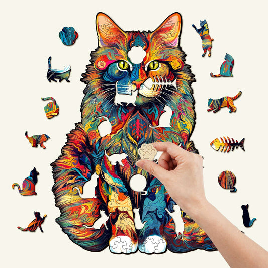 Vibrant Maine Coon wooden jigsaw puzzle with unique animal-shaped pieces and colorful designs.