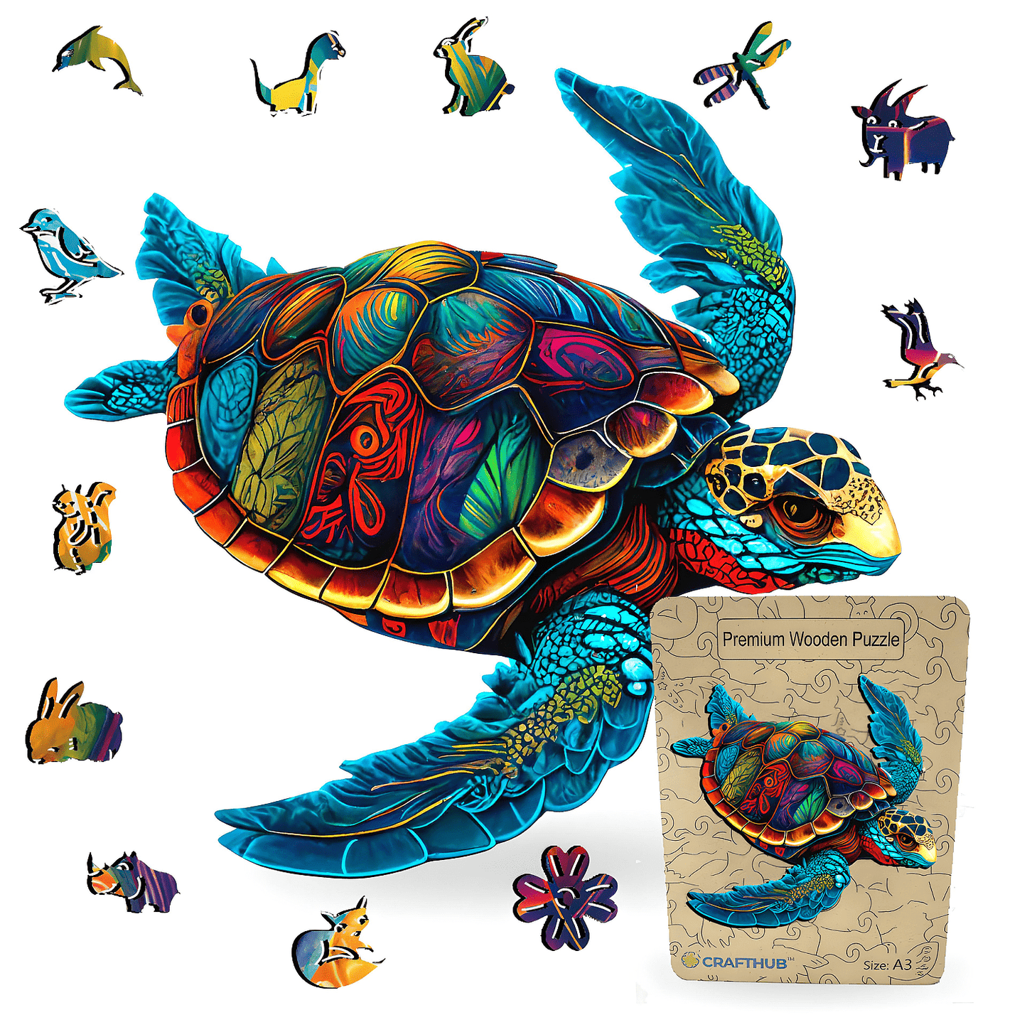 Animal Jigsaw Puzzle > Wooden Jigsaw Puzzle > Jigsaw Puzzle A3+Wooden Box Vibrant Sea Turtle - Jigsaw Puzzle