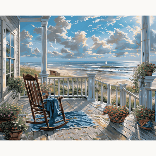 This image depicts a tranquil scene featuring an outdoor deck area.