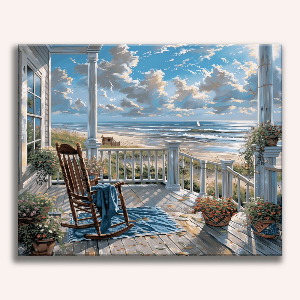 This image depicts a tranquil scene featuring an outdoor deck area.