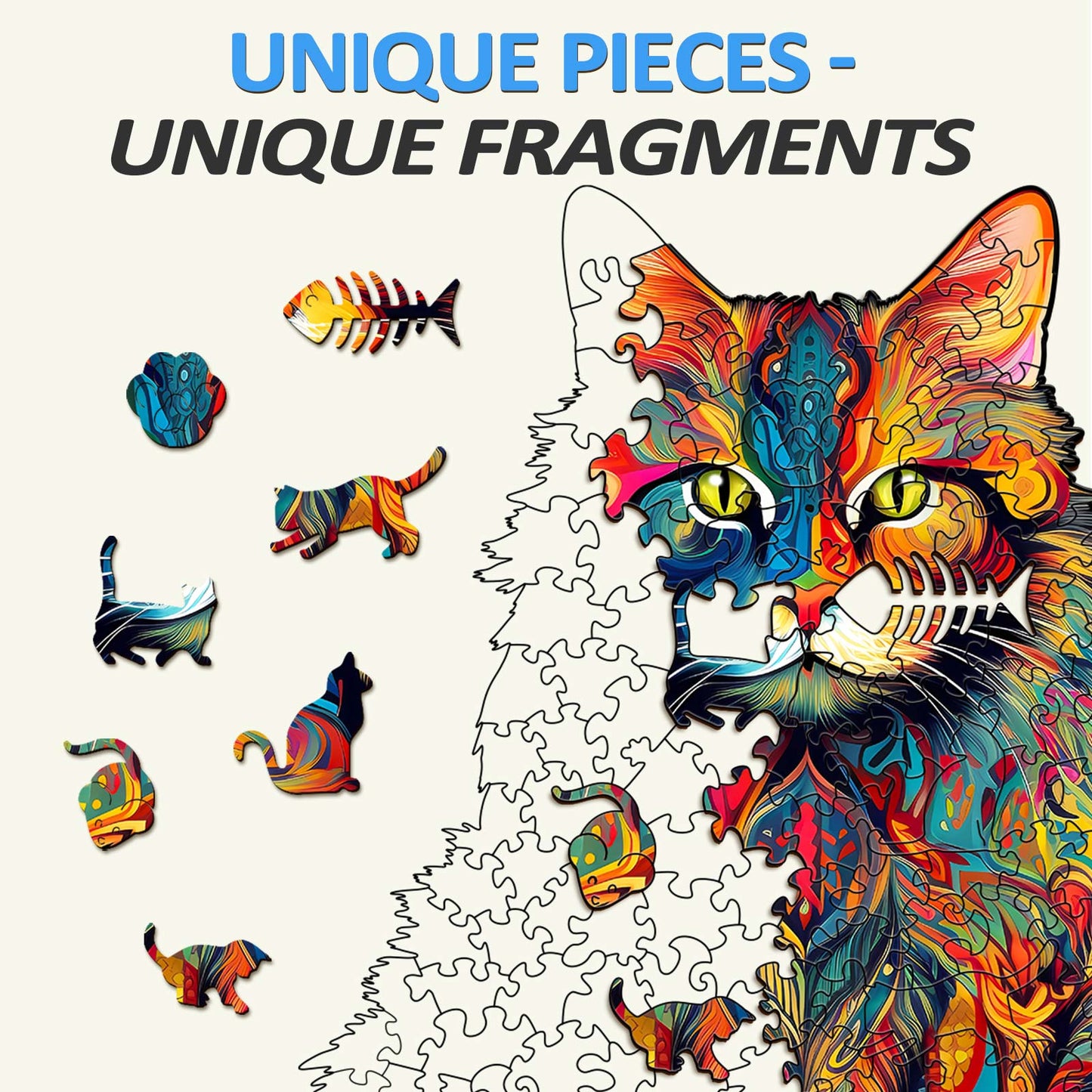 Maine Coon wooden jigsaw puzzle with vibrant colors and unique animal-shaped pieces.