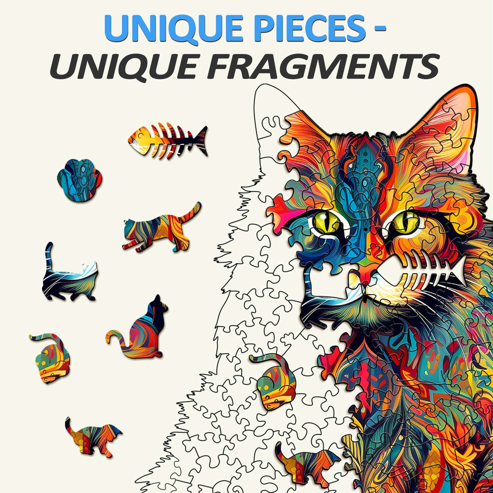 Maine Coon wooden jigsaw puzzle with vibrant colors and unique animal-shaped pieces.