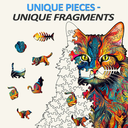 Maine Coon wooden jigsaw puzzle with vibrant colors and unique animal-shaped pieces.