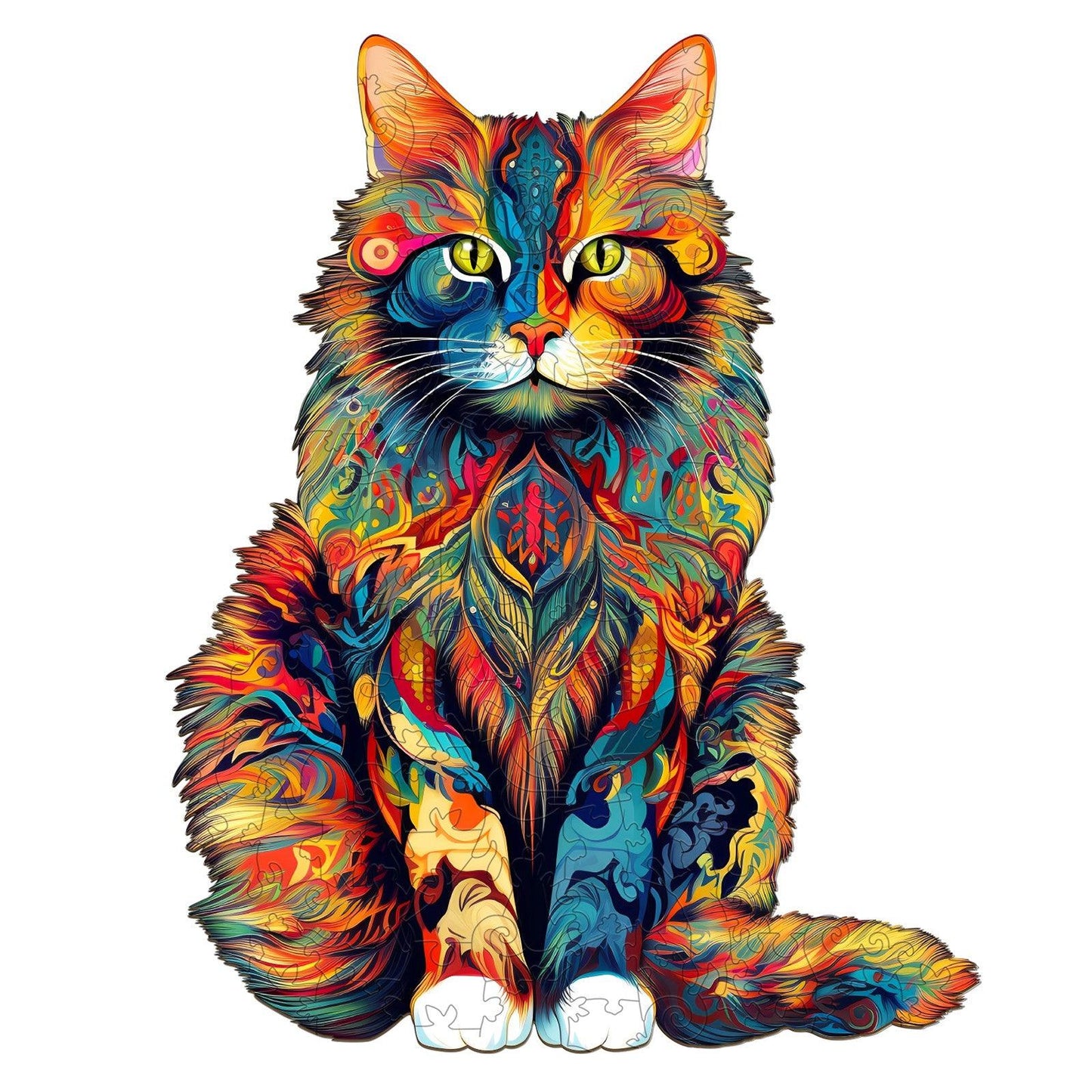 Vibrantly colored Maine Coon cat jigsaw puzzle featuring unique shapes and intricate floral designs.