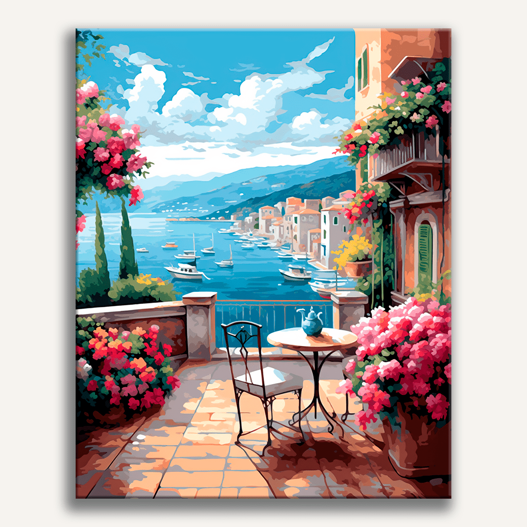 In the image, a serene Mediterranean village scene unfolds.