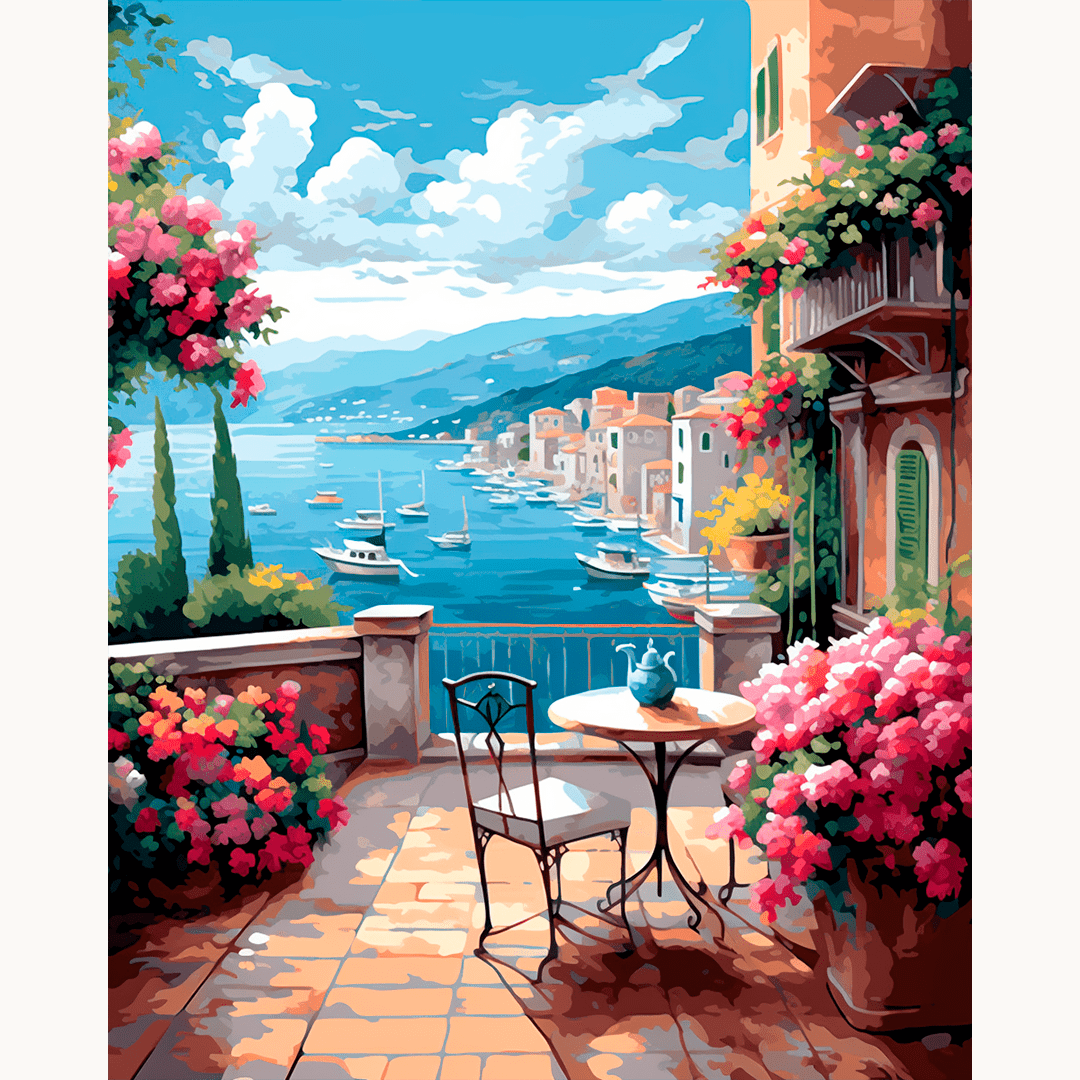 In the image, a serene Mediterranean village scene unfolds.