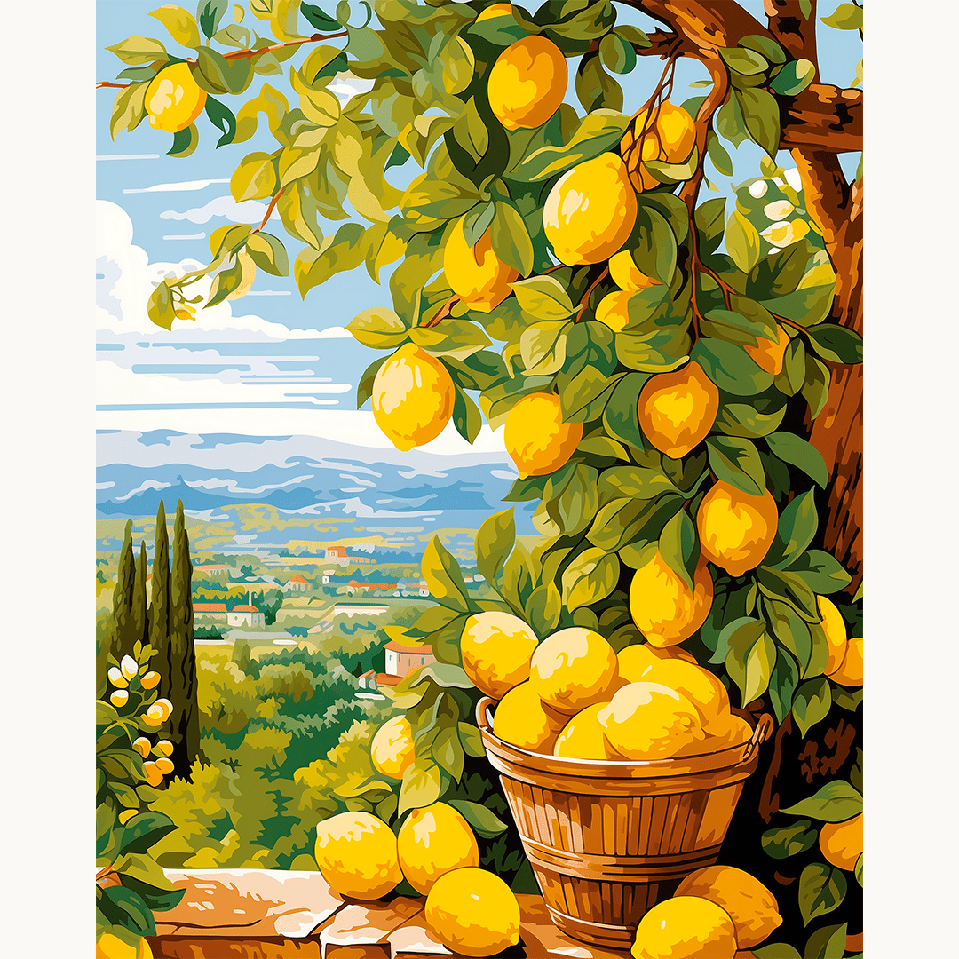 The image showcases a vibrant scene featuring a fruit orchard.