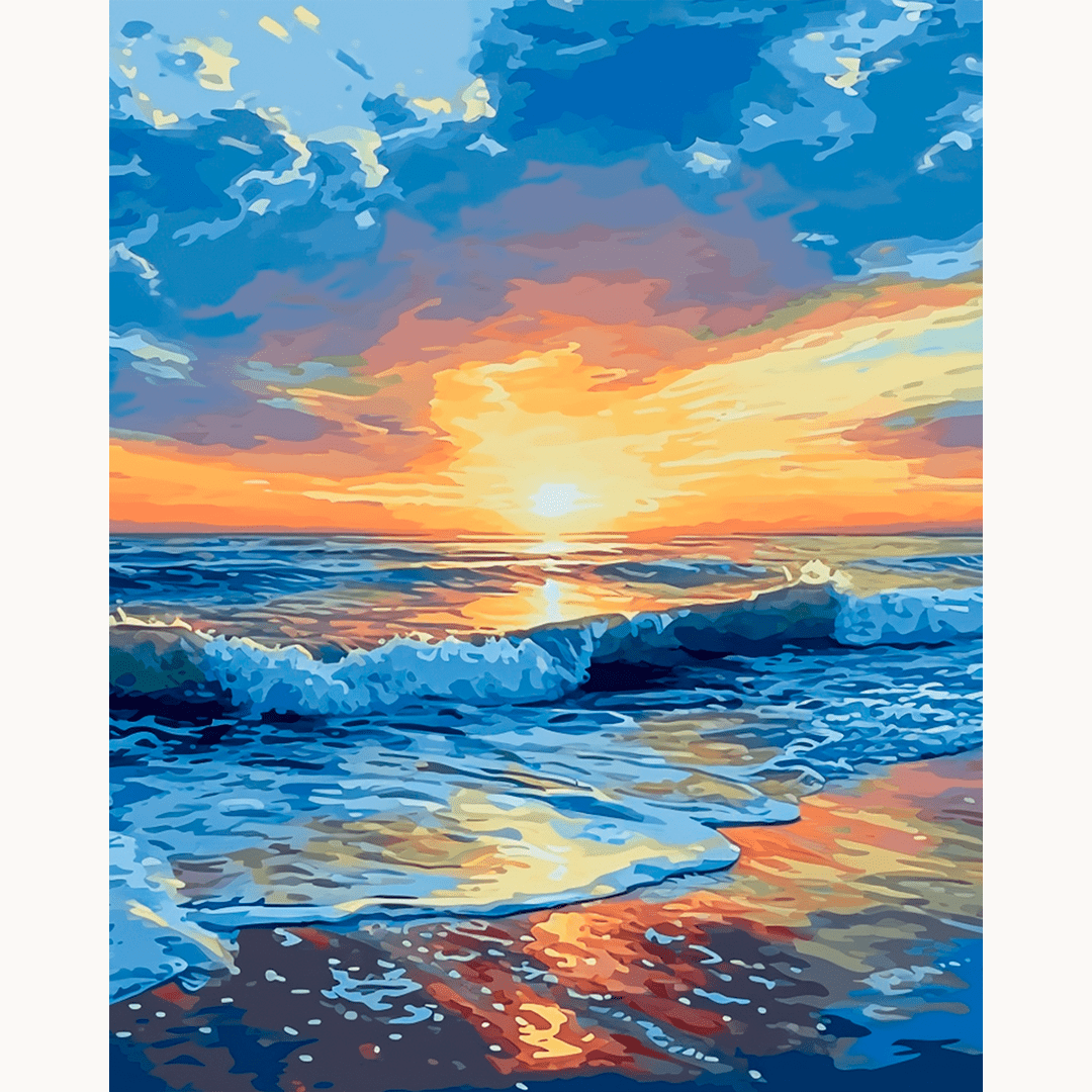 The image showcases a vibrant beach scene during sunset.