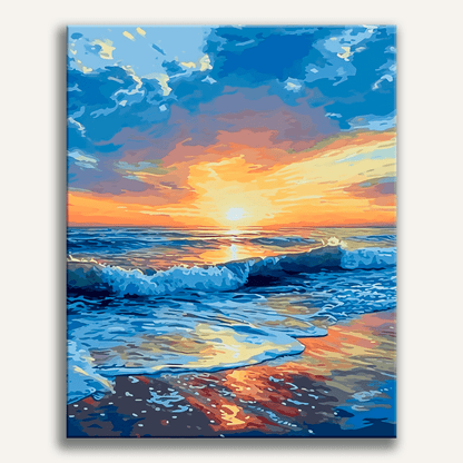 The image showcases a vibrant beach scene during sunset.